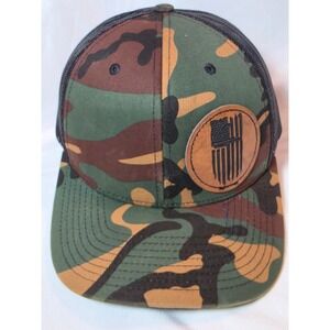 Yupoong The Classics Mens Camo Trucker Hat Leather American Flag Patch Snapback